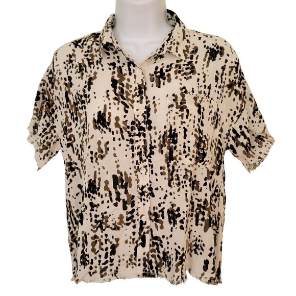 Philosophy S Abstract Jungle Dot Rayon Button Up Shirt Frayed Hem Crop Top - Picture 2 of 8